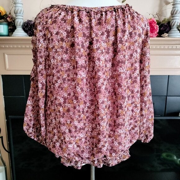 Max Studio Ditsy Floral Chiffon Top L Ruffles Cold Shoulder Lined Blouson Waist - Picture 4 of 7